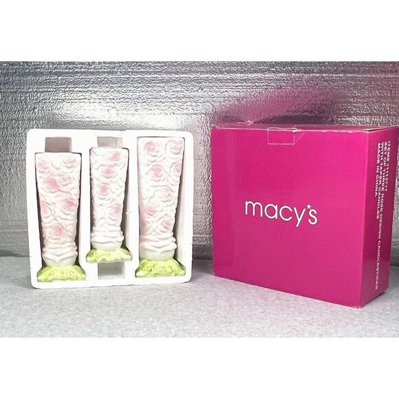 MACYS Candle Holders Ceramic Rose Dinner Set 3 + Candles Christmas Holiday NEW - Picture 2 of 11